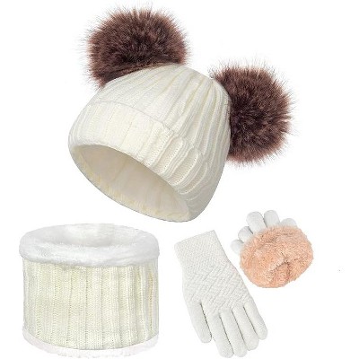 SENPUKI 3 Pcs Kids Winter Knitted Beanie Hat Scarf Gloves Set Warm Soft Thick Fleece Lining for Girls 1-10 Years
