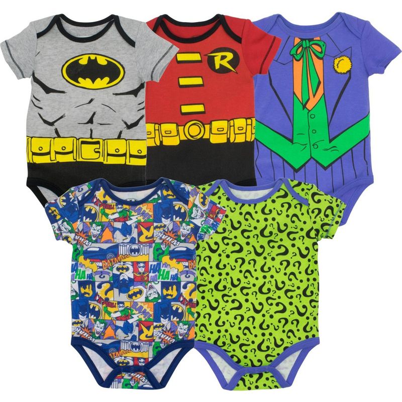 DC Comics Justice League Batman Joker Riddler Newborn Baby Boys 5 Pack Short Sleeve Bodysuits , 1 of 9