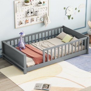 Whisen Twin Size Montessori Floor Platform Bed with Built-in Book Storage Rack on Headboard - 1 of 4