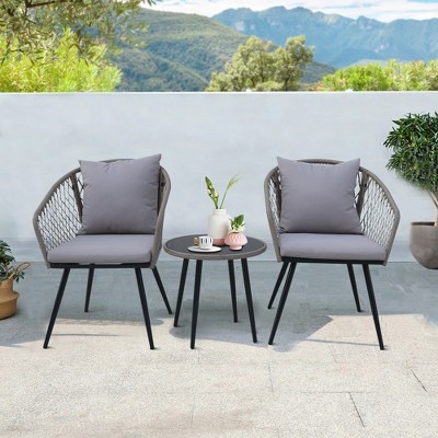3 Piece Patio Bistro Set, Outdoor Wicker Apartment Balcony Furniture Sets, Rattan Table and Chairs Set of 2 for Porch Backyard Lawn Poolside Deck