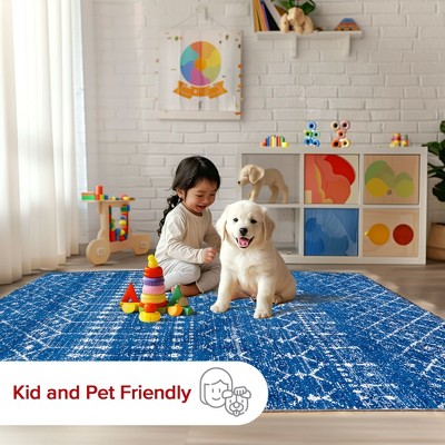 Distressed Moroccan Trellis 4' Square Blue Synthetic Area Rug