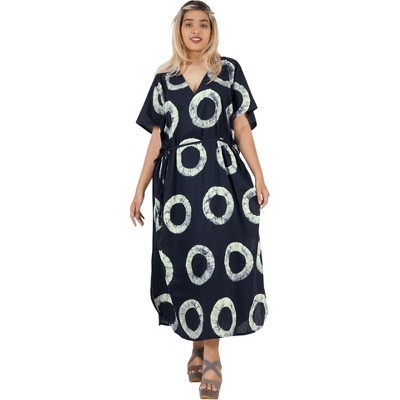 LEELA Women's Summer Maxi Nightdress Cover Up Gown Caftan Loungewear Dashiki House Dresses for Women 3X-4X Blue, Polka Dots