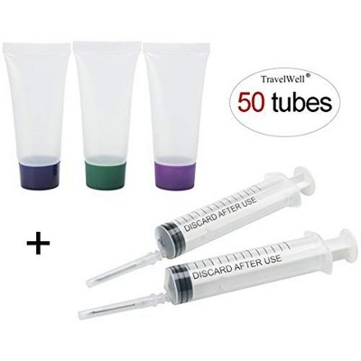 TravelWell 25ml Clear Plastic Empty Bottles with Screw Cap BPA-free Set of 50 With Injector Syringes