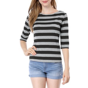 INSPIRE CHIC Women's Elbow Sleeves Boat Slim Fit Casual Stripe Animal Print Multi Floral Pattern T-Shirt - 1 of 4
