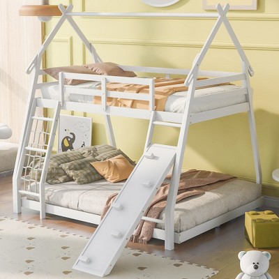 Twin Over Queen Size Bunk Bed, Wooden House Shape Bunk Bed Frame With Climbing Nets And Climbing Ramp For Boys Girls Teens