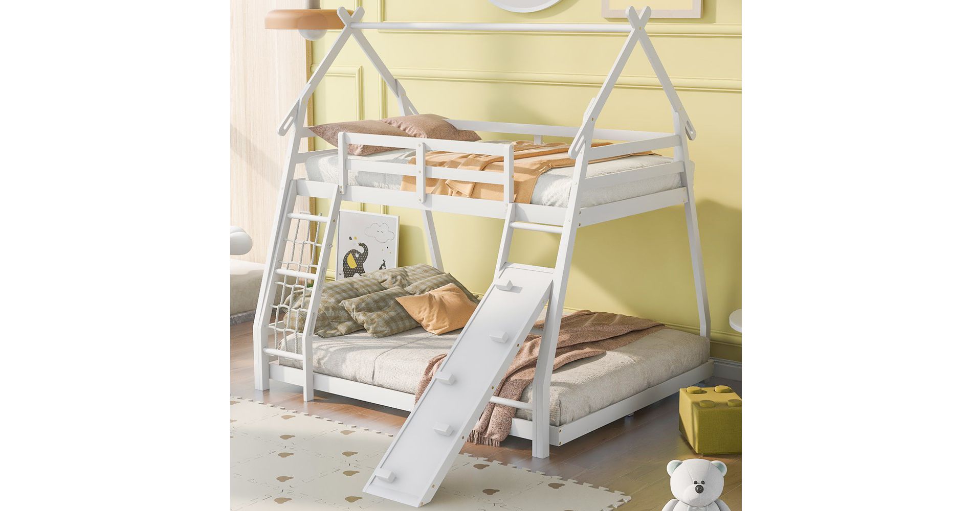 Twin Over Queen Size Bunk Bed, Wooden House Shape Bunk Bed Frame With Climbing Nets And Climbing Ramp For Boys Girls Teens, White