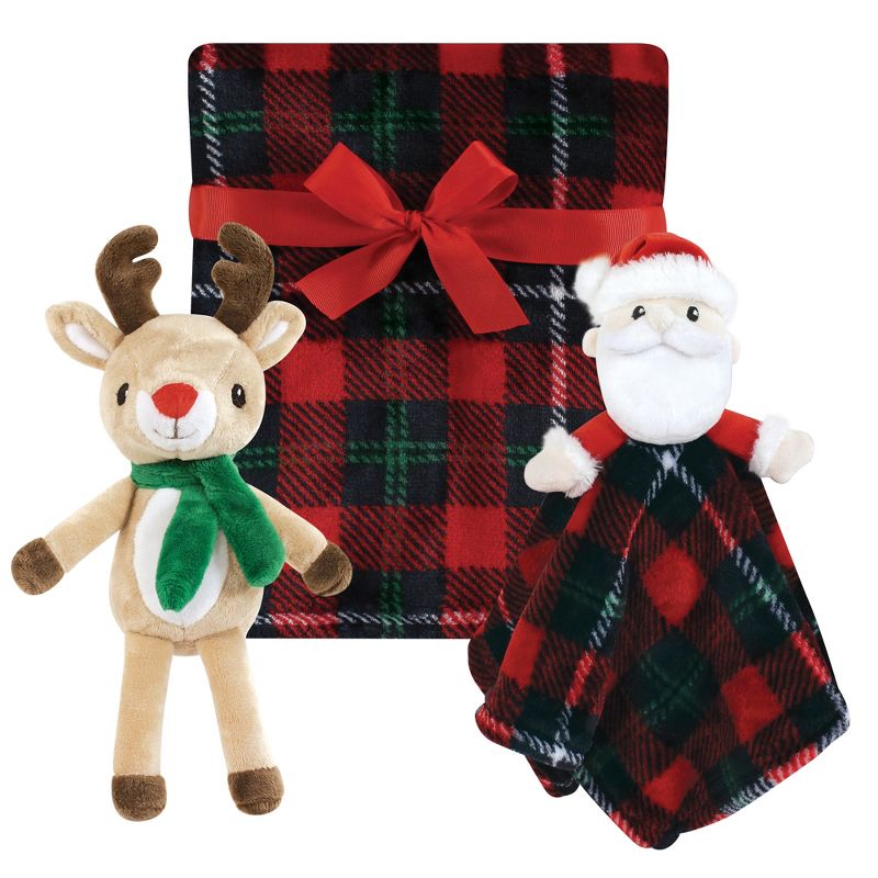 Hudson Baby Unisex Baby Plush Blanket with Toy, Rudolph And Santa Plaid, One Size, 1 of 6