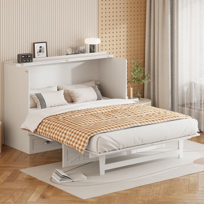 Queen/Full Size Wooden Murphy Bed Wall Bed Frame with A Large Drawer, USB Ports and Charging Outlets 4S -ModernLuxe