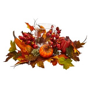 Nearly Natural Pumpkin, Gourd, Berry and Maple Leaf Artificial Arrangement Candelabrum - 1 of 3