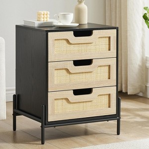 Rattan Nightstand, 3 Rattan Drawers Storage, Black Night Table, Bedside Cabinet with Shelves for Bedroom Living Room - 1 of 4