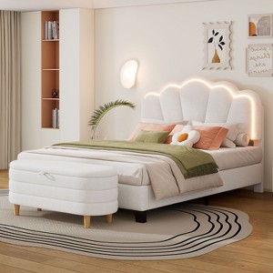 NicBex Full Upholstered Bed Frame with Ottoman and Elegant Flower-Shaped Headboard,Adjustable Headboard with LED Lights,Easy Assembly,White - 1 of 4
