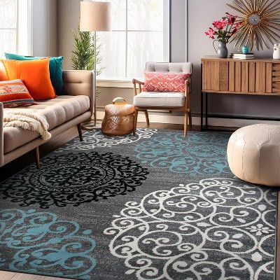 Gray and Blue Floral Synthetic Area Rug