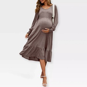 Women's Maternity Midi Dress Long Sleeve V-Neck Flowy Dress Pleated Flare with Smocked Cuffs Casual Dress - 1 of 4
