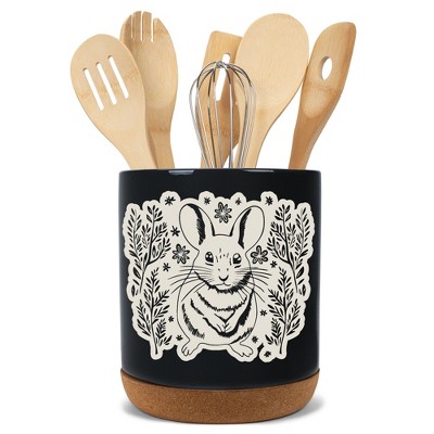 Elanze Designs Kitchen Utensil Holder With Non Slip Cork Base Large 8 Inch Ceramic Storage Crock Forest Animal Countertop Organizer Floral Mouse Black