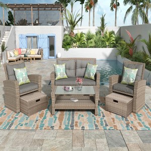 4-Piece Outdoor Patio Furniture Set, PE Rattan Wicker Conversation Set with Loveseat, Chairs & Glass-Top Coffee Table - ModernLuxe - 1 of 4