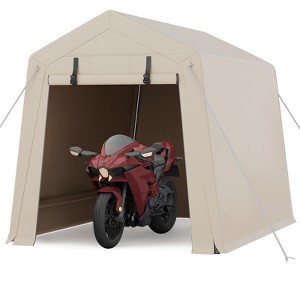 6x8 FT Portable Outdoor Storage Shed with 2 Roll-Up Zipper Doors & Vents,Waterproof PE Tarp,UV-Resistant Carport for Motorcycle,Firewood,Tools-Khaki - 1 of 4