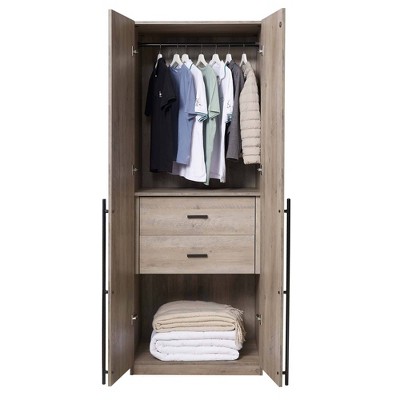 Rustic Gray 2-Door Hinged Wardrobe Closet with Metal Handles