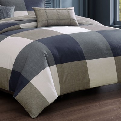 Bebejan Checkered Navy Tan 100% Cotton Sateen 5 Piece Plaid Reversible Comforter Set, All Season Bedding Set - Queen — фото 5