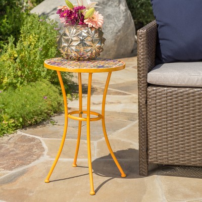 Yellow Ceramic Tile Mosaic Outdoor Side Table with Iron Frame