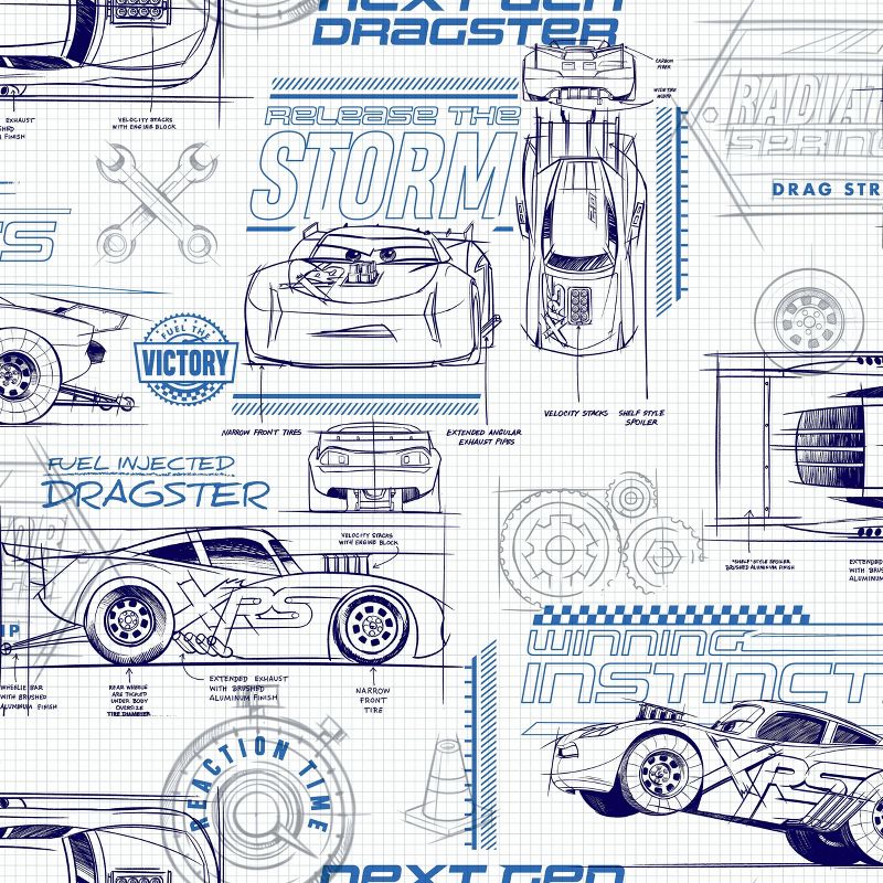 Disney Pixar Cars Schematic Peel and Stick Kids&#39; Wallpaper Blue - RoomMates, 1 of 7