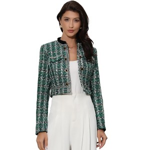 INSPIRE CHIC Women's Double Breasted Open Front Elegant Plaid Tweed Crop Blazer - 1 of 4