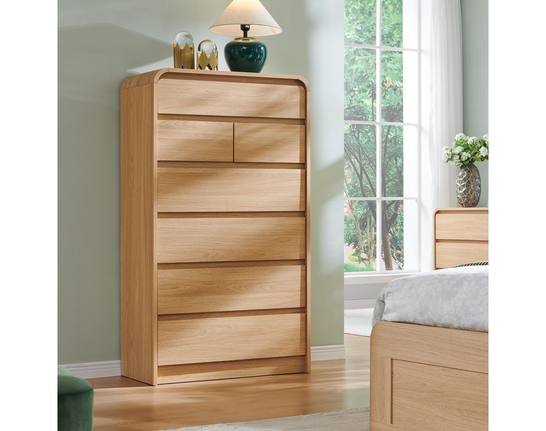 7 Drawers Dresser for Bedroom, Modern Dressers & Chests of Drawers with Curved Profile Design, Wooden Dresser for Living Room, Natural