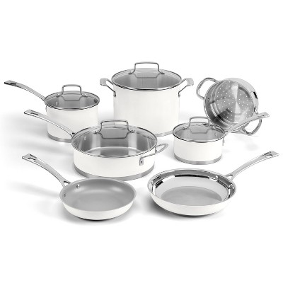 Cuisinart Matte 11pc Stainless Steel Cookware Set MW89-11 - White: Tempered Glass Lids, Ergonomic Handles, Dishwasher-Safe