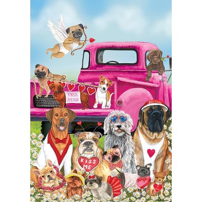 Happy Valentine's Day Dogs Garden Flag with Pink Truck