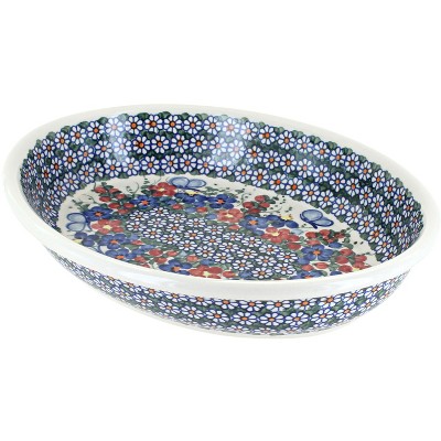 Blue Rose Polish Pottery Garden Butterfly Oval Baker