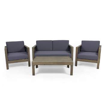 Linwood Outdoor 4 Seater Acacia Wood & Wicker Chat Set - Gray/Dark Gray - Christopher Knight Home