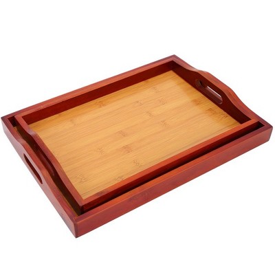 Juvale 2 Pack Red Brown Wood Serving Tray with Handle for Bed, Food, Vanity, Ottoman, 16 x 2 x 12 in