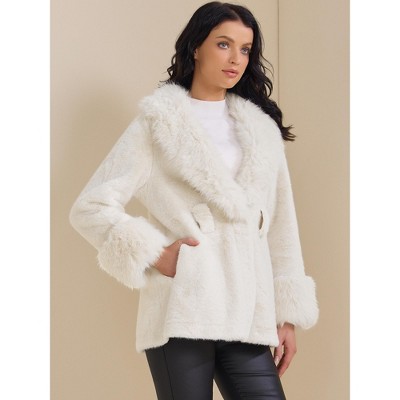 INSPIRE CHIC Women's Faux Fur Lapel Removable Belt Winter Shaggy Jacket with Pockets Small White — фото 2