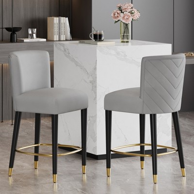27" Fabric Armless Counter Stool (Set of 2) with Tufted Backrest and Gold Circular Footrest for Home Bar, Kitchen Island, or Dining Area