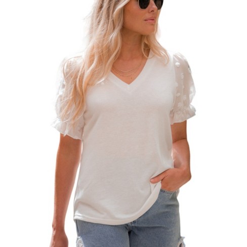 Amaryllis Women's V-Neck Top with Sheer Textured Dot Sleeves and Ruffle Cuffs Relaxed Fit Casual Tee - image 1 of 4