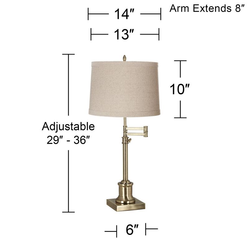 360 Lighting Swing Arm Desk Table Lamp 36" Tall Antique Brass Natural Linen Drum Shade for Living Room Bedroom Nightstand Office Family, 3 of 4