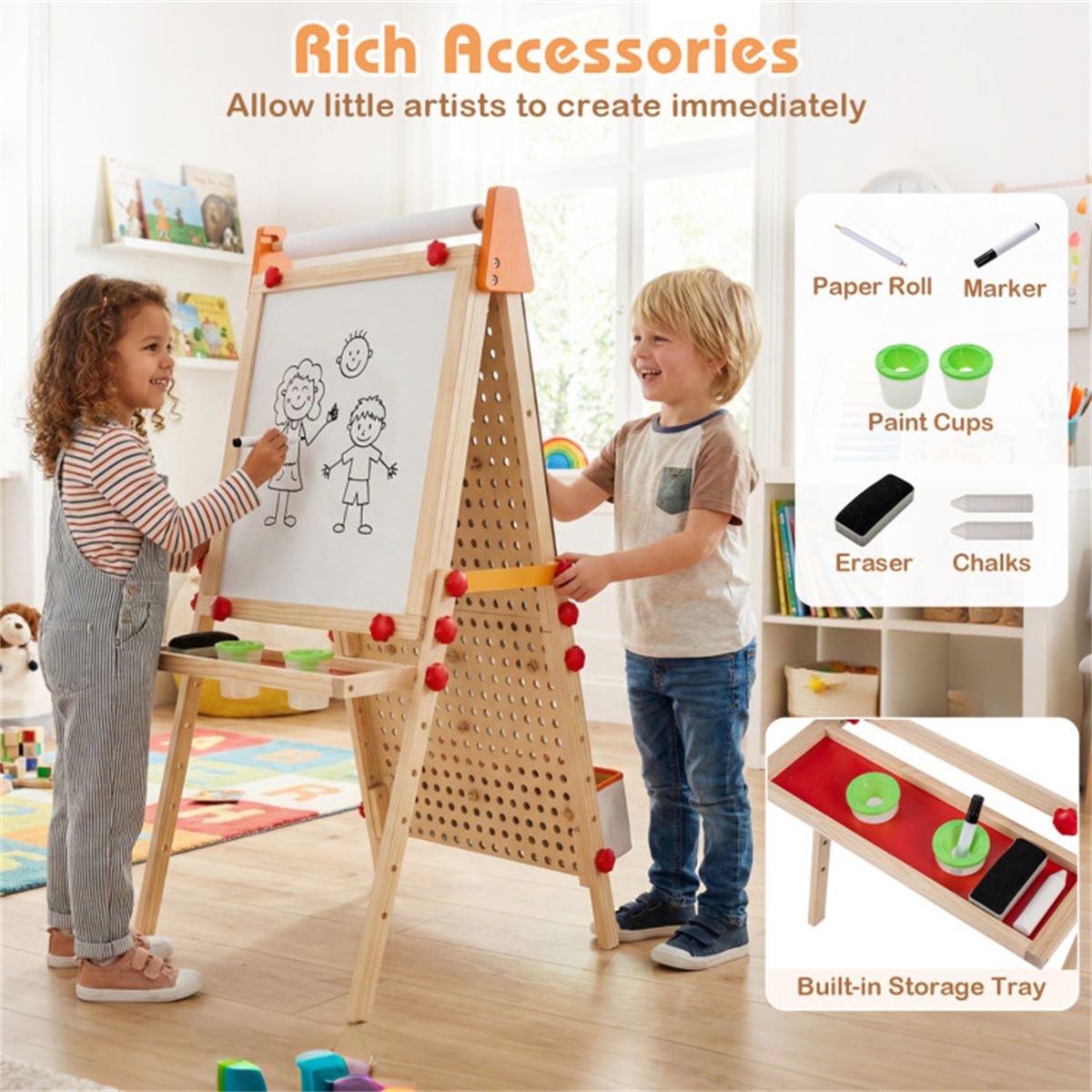 4-in-1 Kids Art Easel with Marble Run, Adjustable Height Double-Sided Drawing Easel with Paper Roll and Storage Tray for Kids 3+ - thumbnail 4