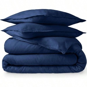 Queen Flannel Duvet Cover Set, 100 Cotton, Dark Blue, Heavyweight, Double Brushed, Includes Sham Pillow Covers - 1 of 4