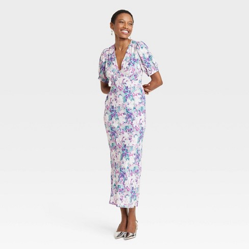 Mari Sky Blue Satin Floral Print Puff Sleeves Wrap Dress – HOUSE