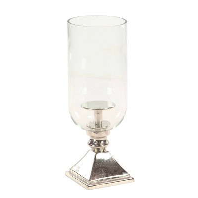 17" Silver Aluminum and Glass Hurricane Candle Holder