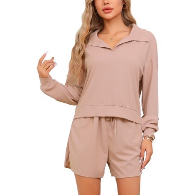 cheibear Women's Waffle Knit Long Sleeve Top and Shorts with Pockets Pajamas Sets 2 Pcs