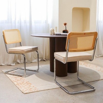 INFURNIC Dining Chairs Set of 2 Rattan Side Accent Chairs with Chrome Legs Upholstered Dining Chairs for Kitchen, Champagne, 17.5"*20.9"*33.1"