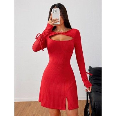 Women's Bodycon Knit Mini Dress - Long Sleeve Figure-Hugging Ribbed Dress for Night Out & Party