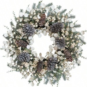 24 Inch Winter Wreath Front Door with White Berries Winter Soft White Boxwood Leaves Berries Wreath Indoor Outdoor Xmas Home Decor - 1 of 4