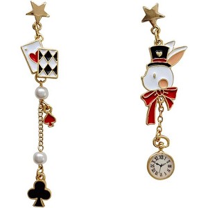 Asymmetric Poker Card Earrings with Clock, Rabbit & Pearl, Unique Long Dangle Drop Jewelry, Funny Gambling Casino Gift for Women. - 1 of 4
