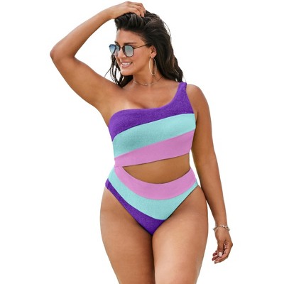 Swimsuits for All Women's One Shoulder Color Block Cutout One Piece Swimsuit (Plus Sizes Available)