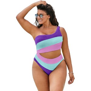 Swimsuits for All Women's One Shoulder Color Block Cutout One Piece Swimsuit (Plus Sizes Available) - 1 of 4
