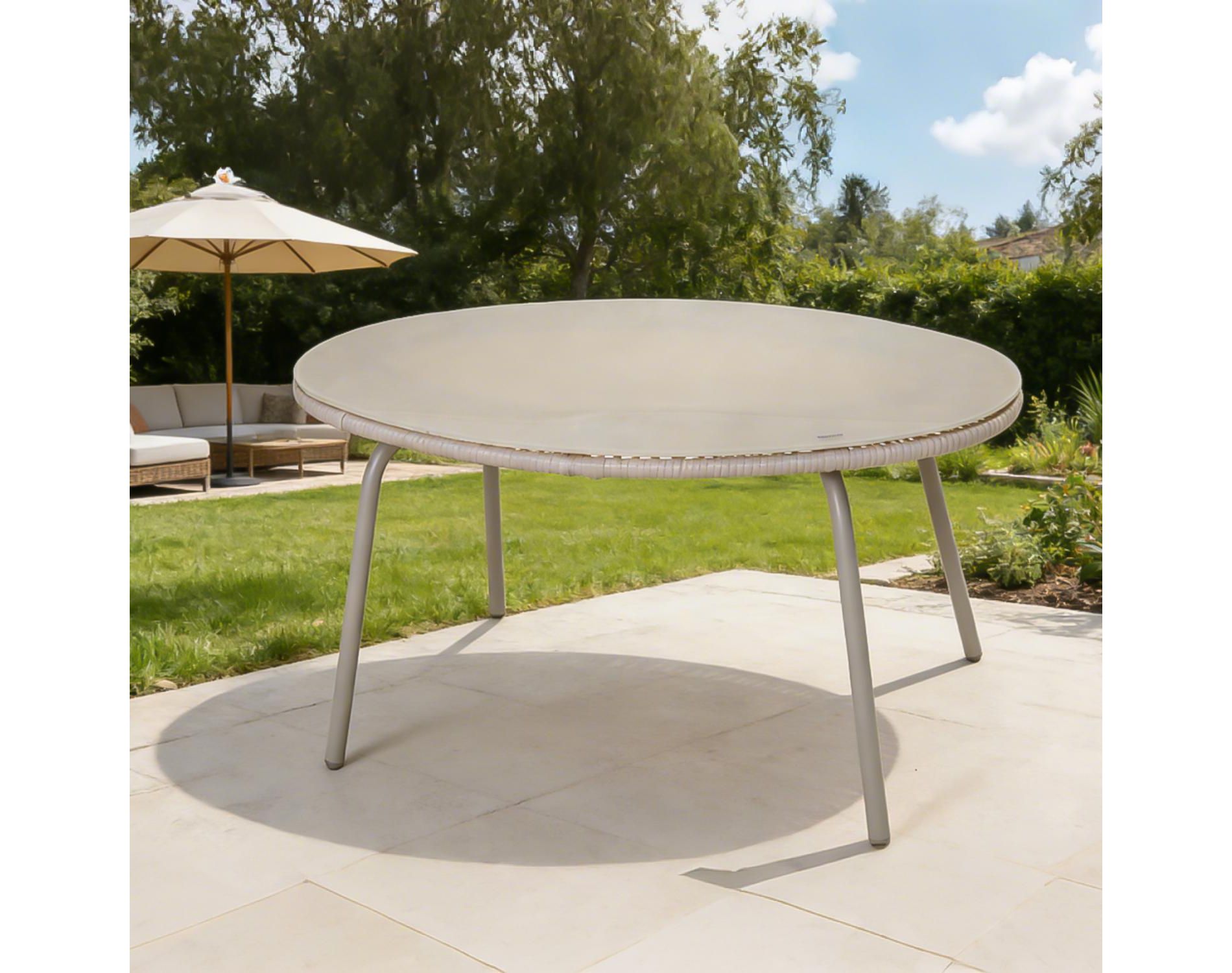 GDFStudio Marvella Oval Outdoor Rattan Coffee Table with Tempered Glass Top, Off White