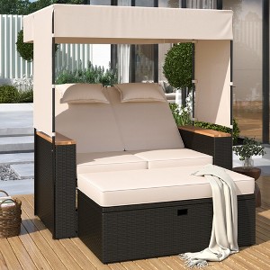2-Piece Outdoor Rattan Daybed, Outdoor Bed with 5 Positions, Outdoor Loveseat Patio Sofa with Bench Lounge Roof Set and Cushions - 1 of 4