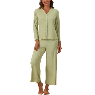 cheibear Women's Long Sleeve Button Down Top with Pants Pajama Sets 2 Pcs