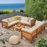 Oana 9pc Acacia Wood Sectional Sofa Set - Teak/Beige - Christopher Knight Home